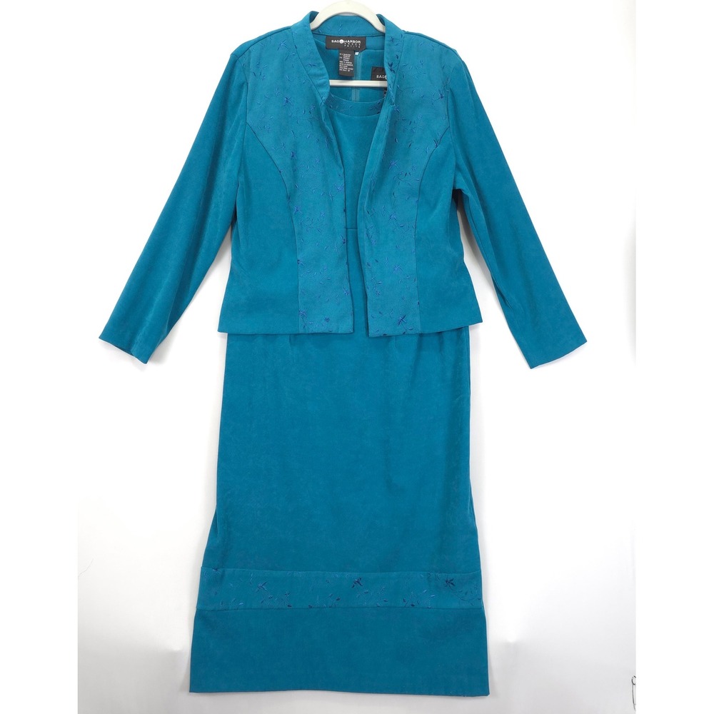 Sag Harbor Jacket Dress 2Pc Teal Embroidered Women 12P Church Party